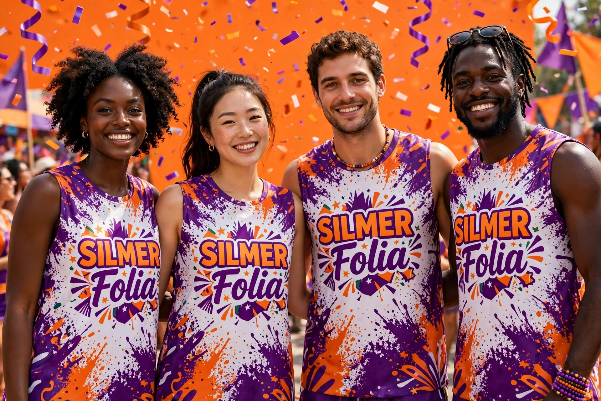Quatro pessoas vestindo abadás Silmer Folia em sublimação total, laranja e roxo