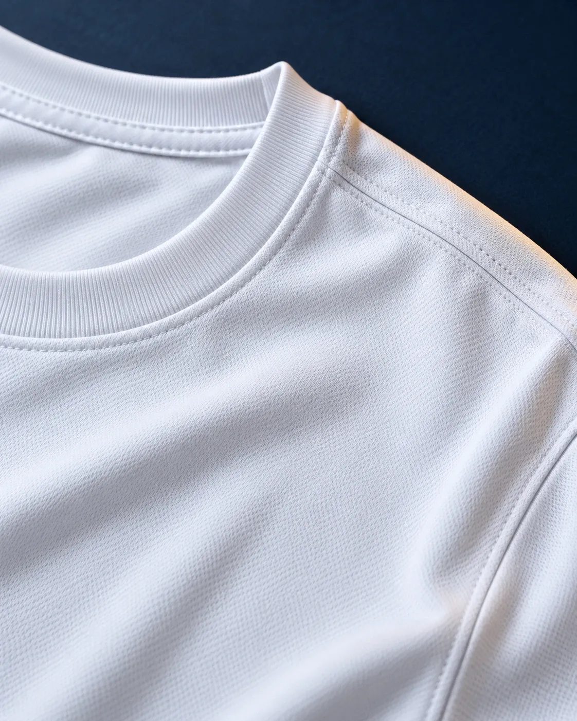 Detalhe da gola canelada e da costura do ombro da camisa branca