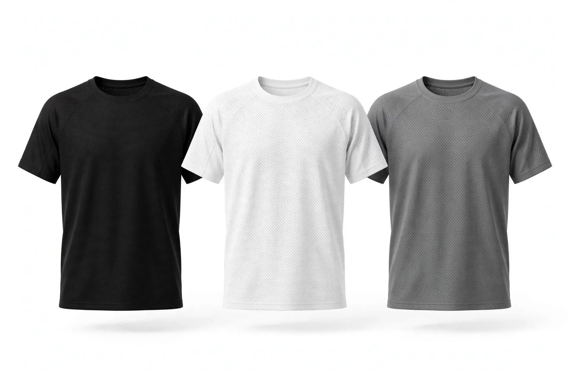 Três camisetas de malha furada lado a lado nas cores preta, branca e cinza