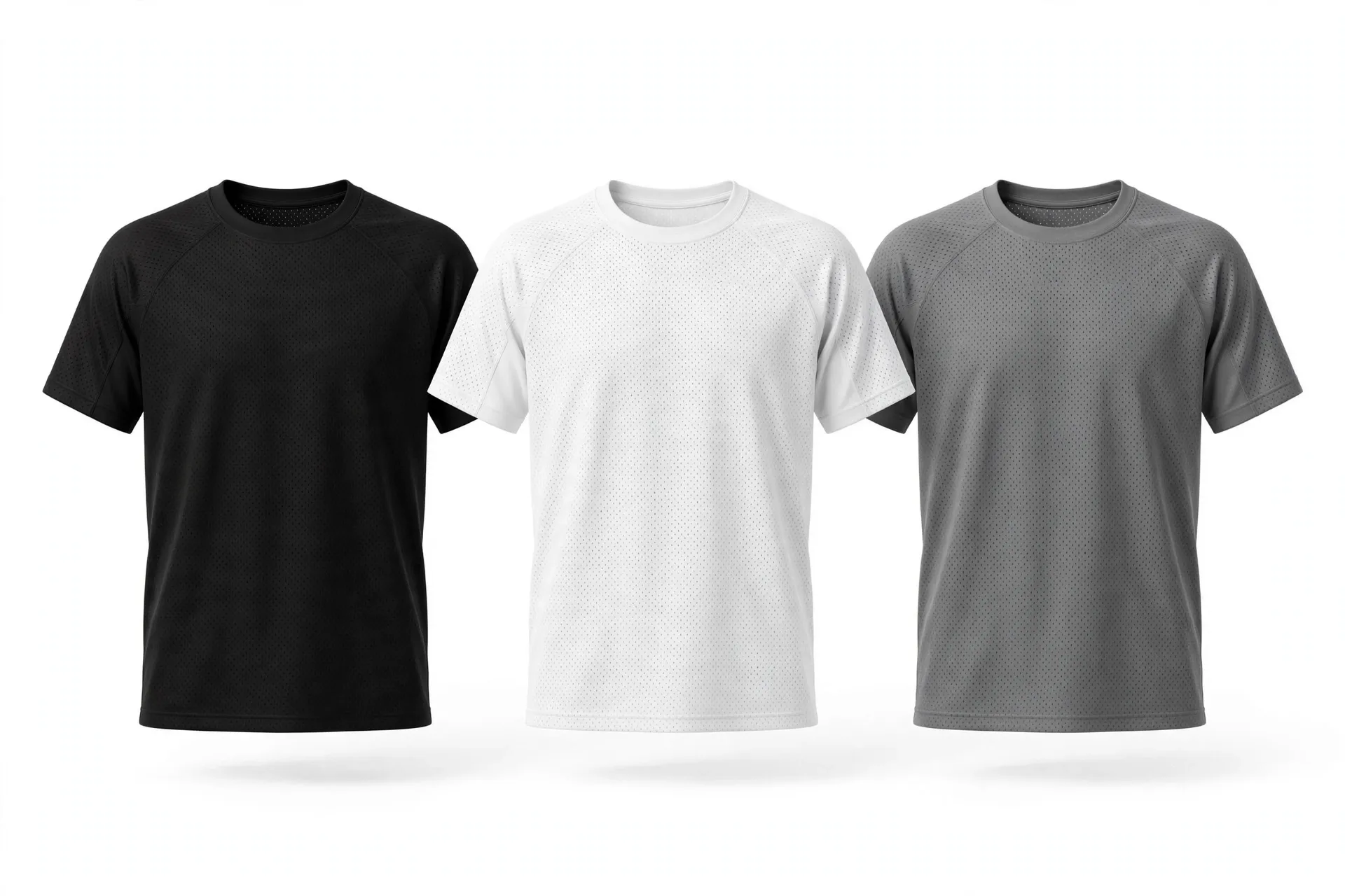 Três camisetas de malha furada lado a lado nas cores preta, branca e cinza