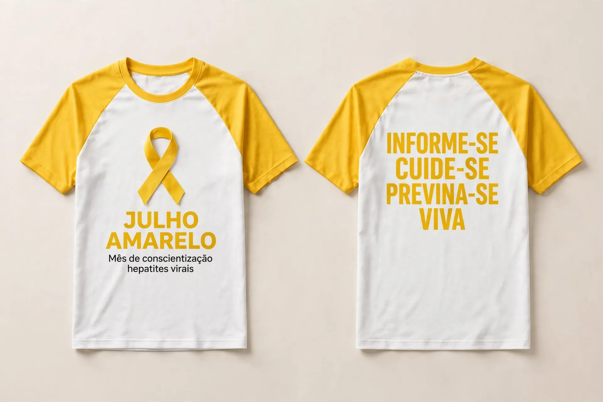 Camiseta branca com mangas amarelas, laço de conscientização na frente e texto nas costas