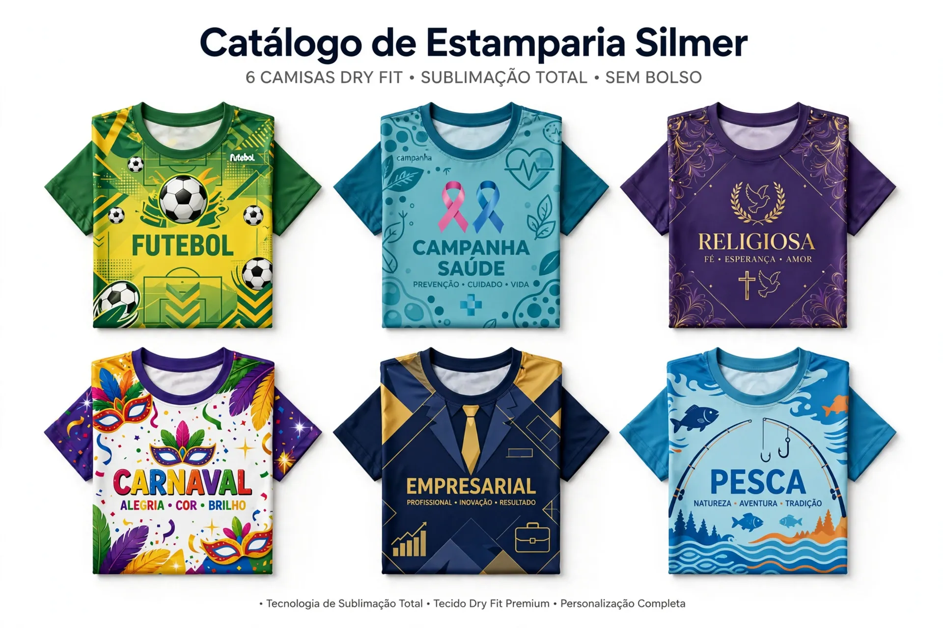 Grade com seis camisas dry fit estampadas: futebol, campanha de saúde, religiosa, carnaval, empresarial e pesca
