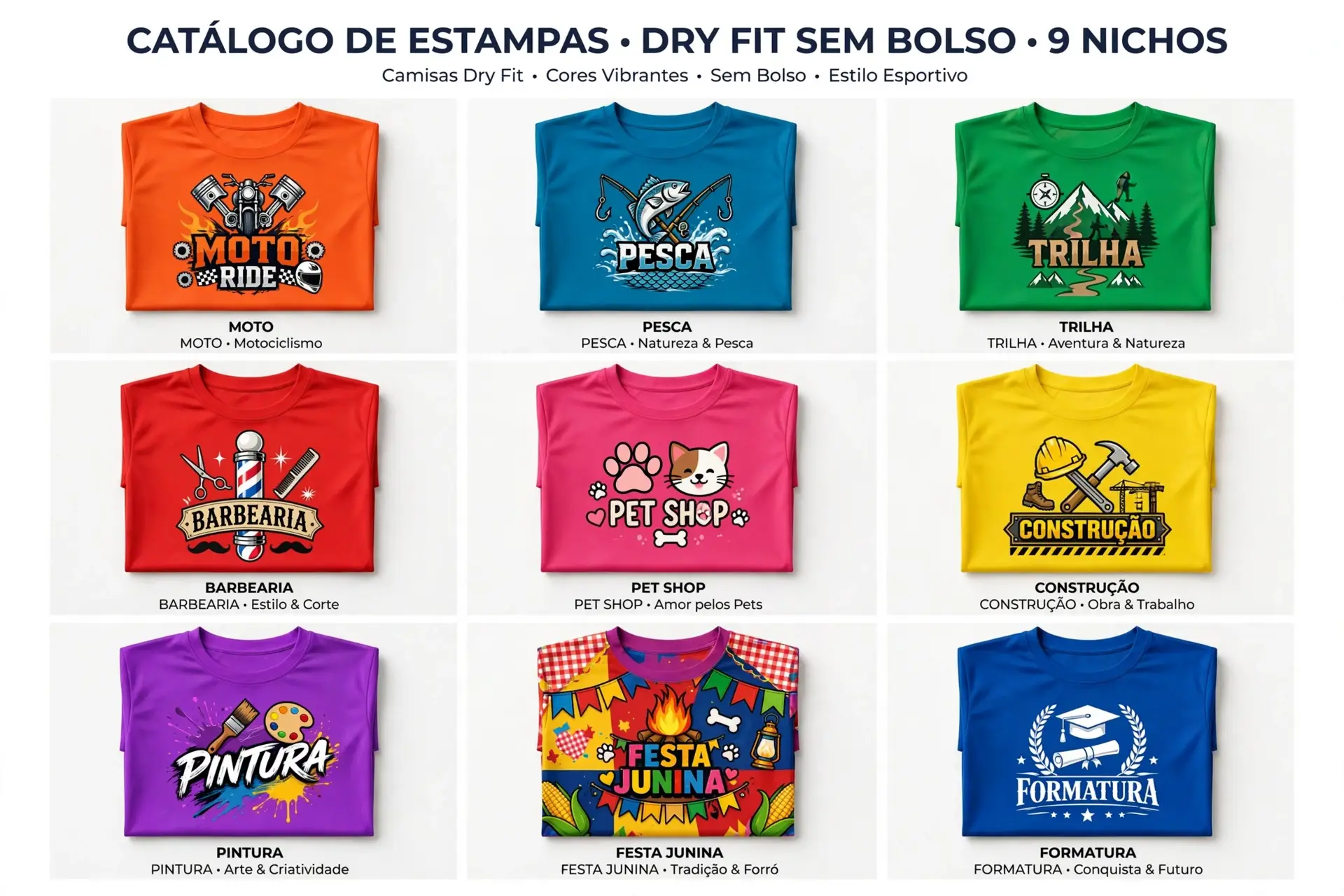 Grade com nove camisas dry fit dobradas, cada uma com estampa de um nicho profissional diferente