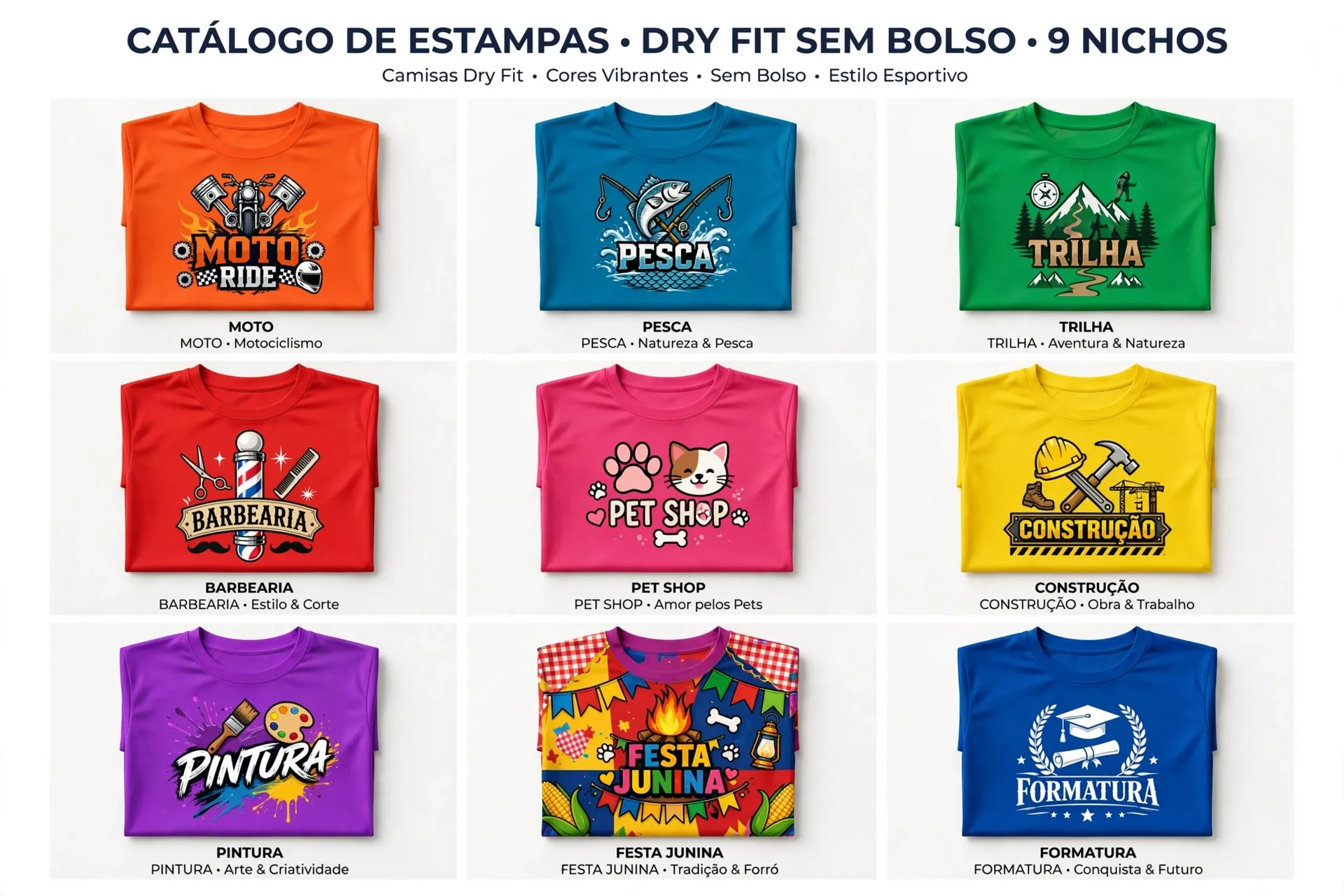 Grade com nove camisas dry fit dobradas, cada uma com estampa de um nicho profissional diferente