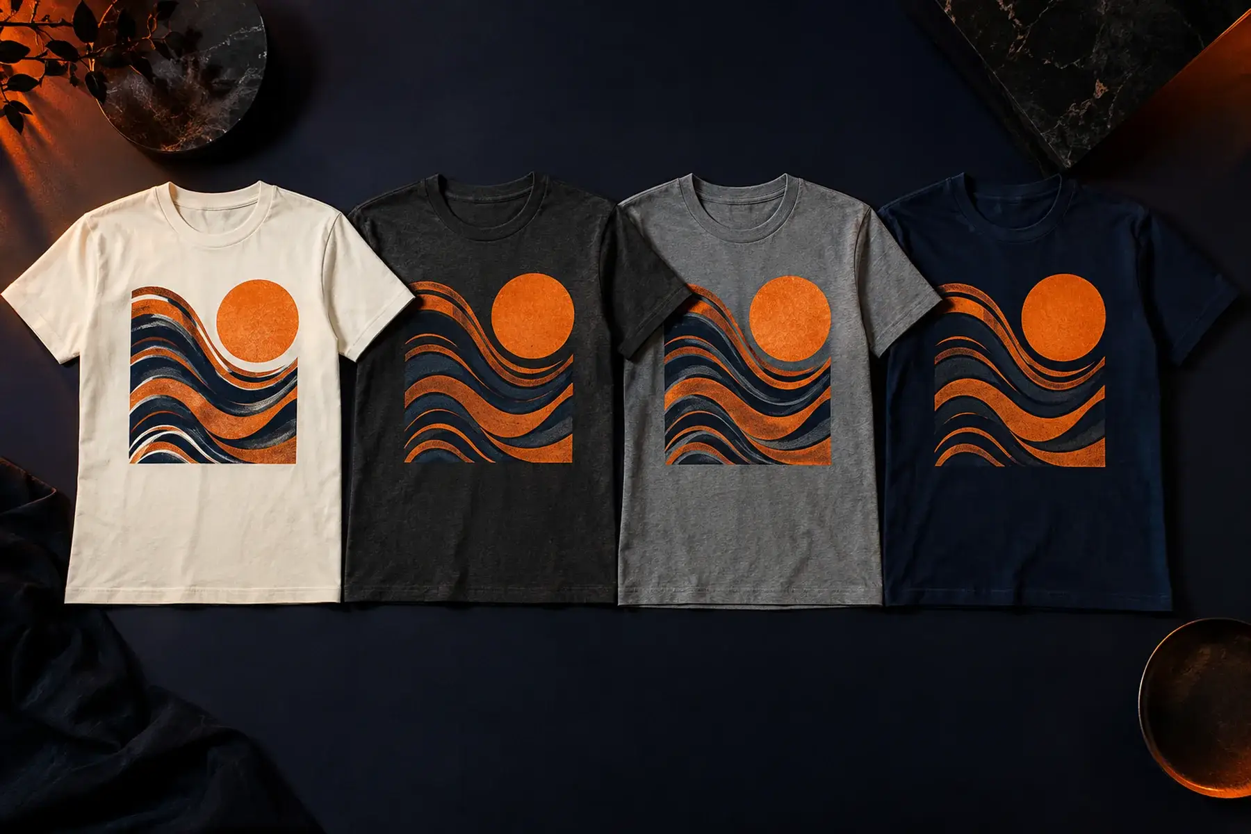 Quatro camisetas em branco, chumbo, cinza e azul-escuro com a mesma estampa abstrata de ondas laranja