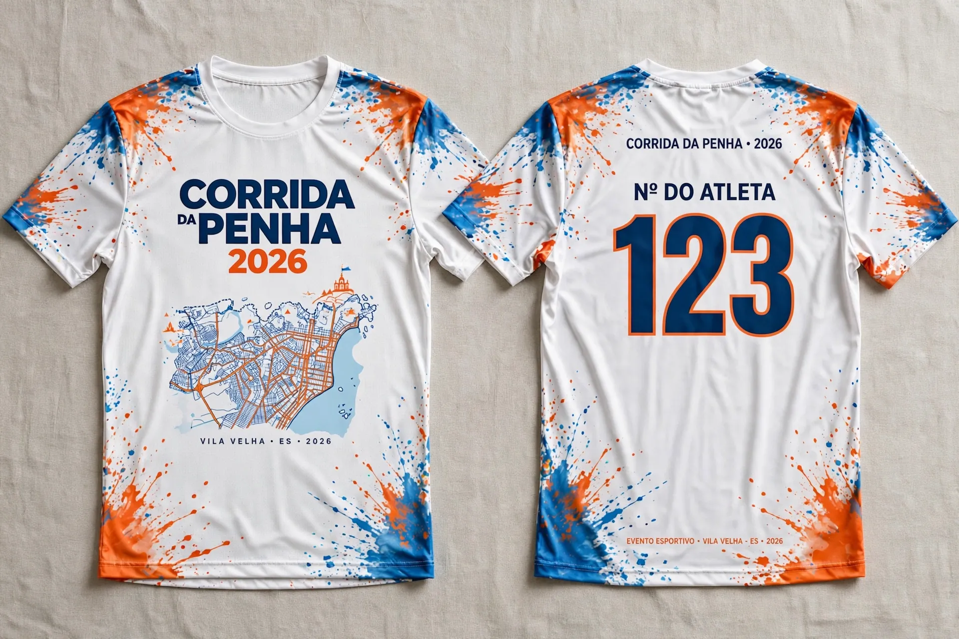 Camisa branca com respingos azuis e laranja, mapa de Vila Velha na frente e número do atleta nas costas