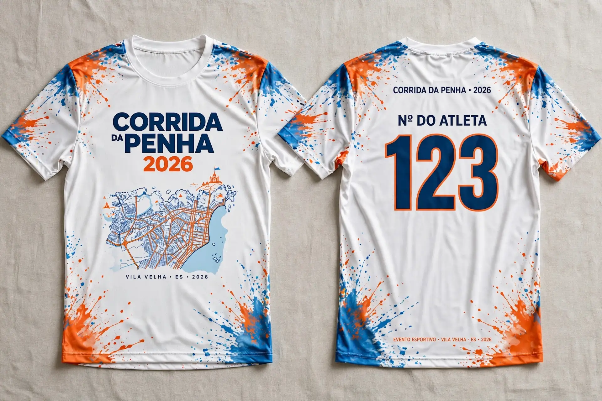 Camisa branca com respingos azuis e laranja, mapa de Vila Velha na frente e número do atleta nas costas