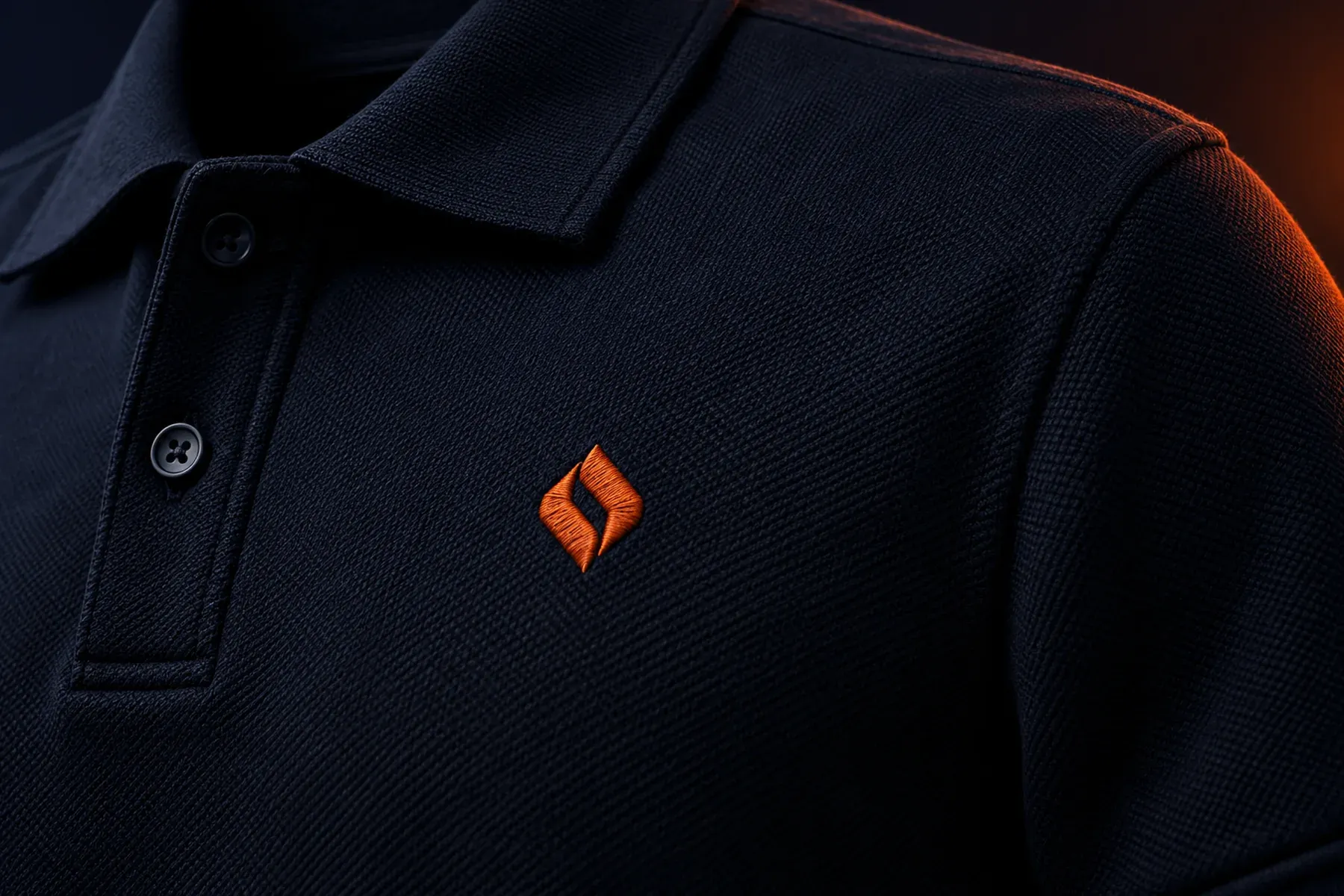 Close de polo azul-escura com pequeno motivo geométrico laranja formado por pontos de linha em relevo