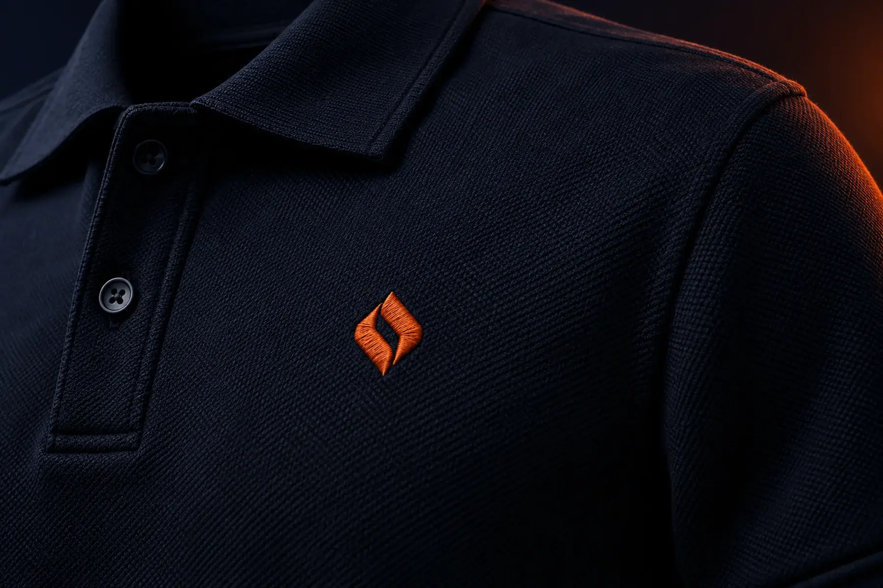 Close de polo azul-escura com pequeno motivo geométrico laranja formado por pontos de linha em relevo