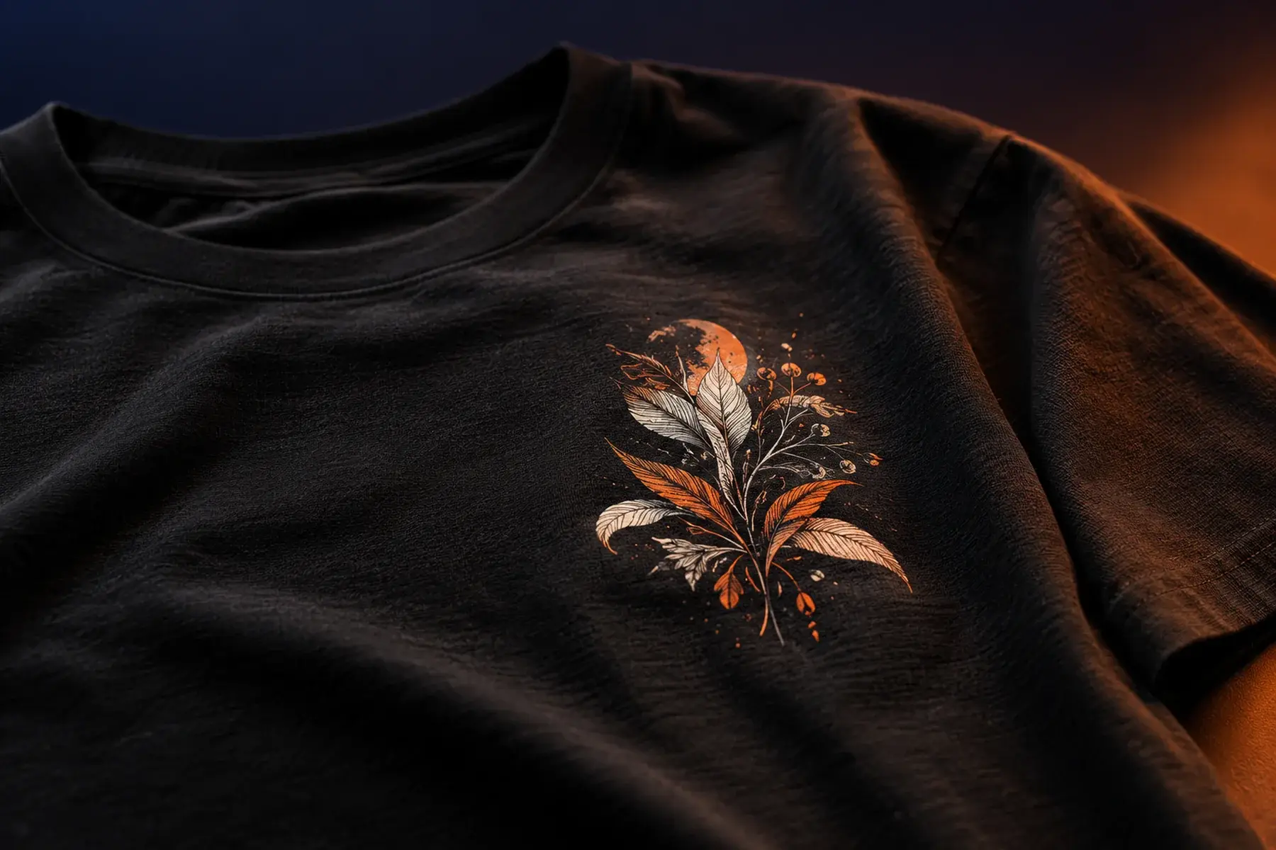 Close de camiseta preta com pequena estampa botânica em laranja e branco aplicada sobre o tecido