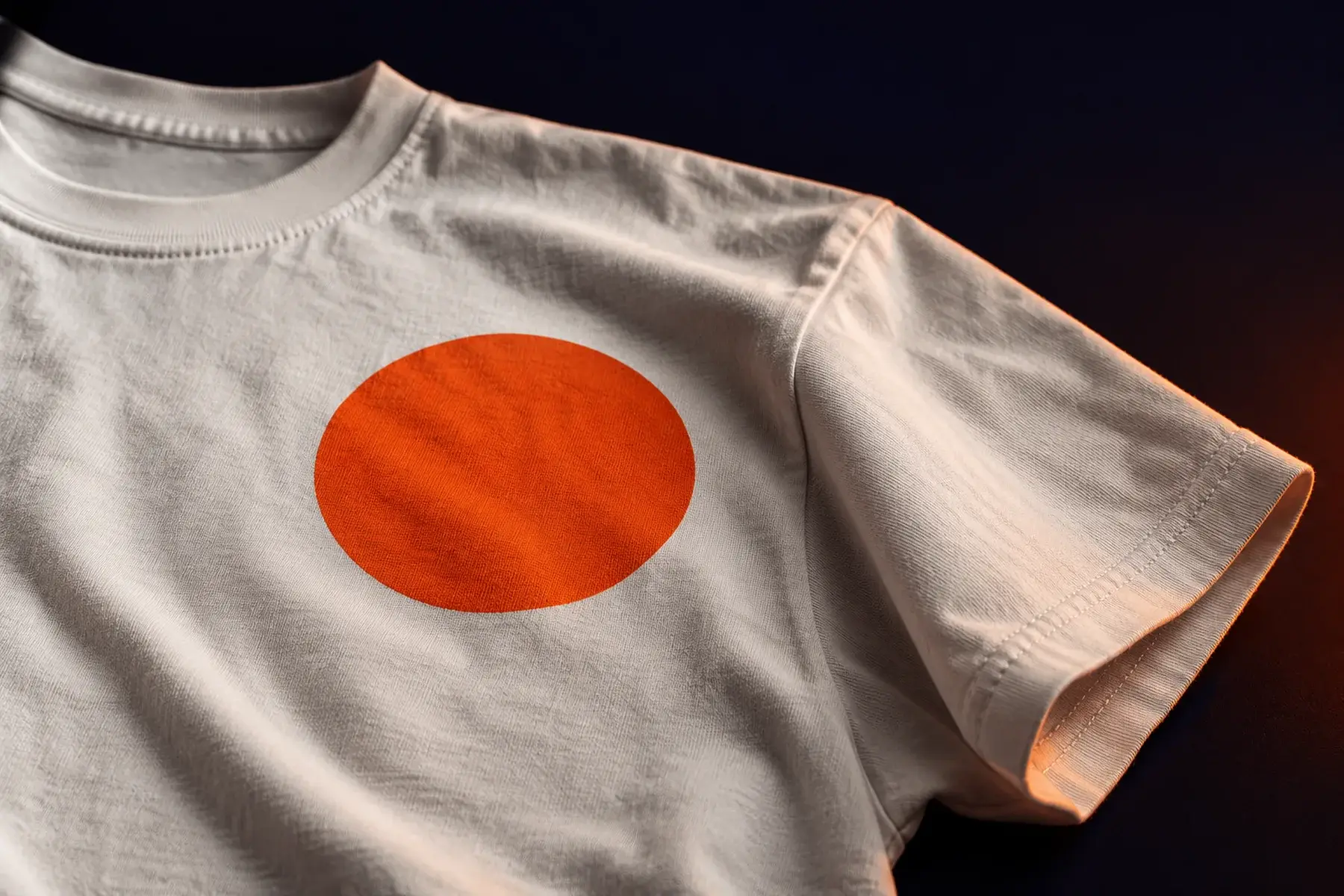Close de camiseta clara de algodão com círculo laranja de bordas nítidas estampado no peito