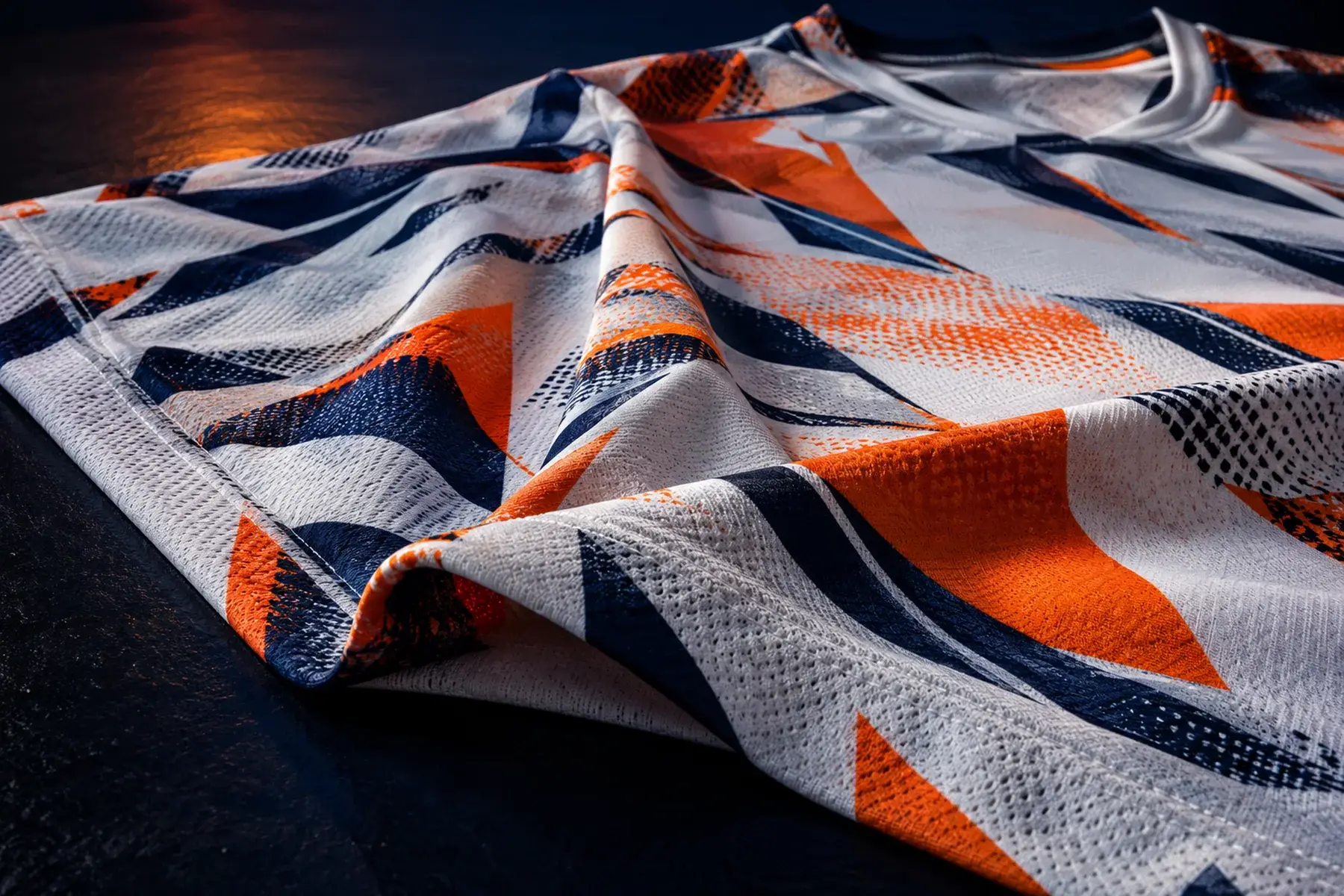 Close de camisa dry fit branca com desenho geométrico laranja e azul integrado às fibras do tecido