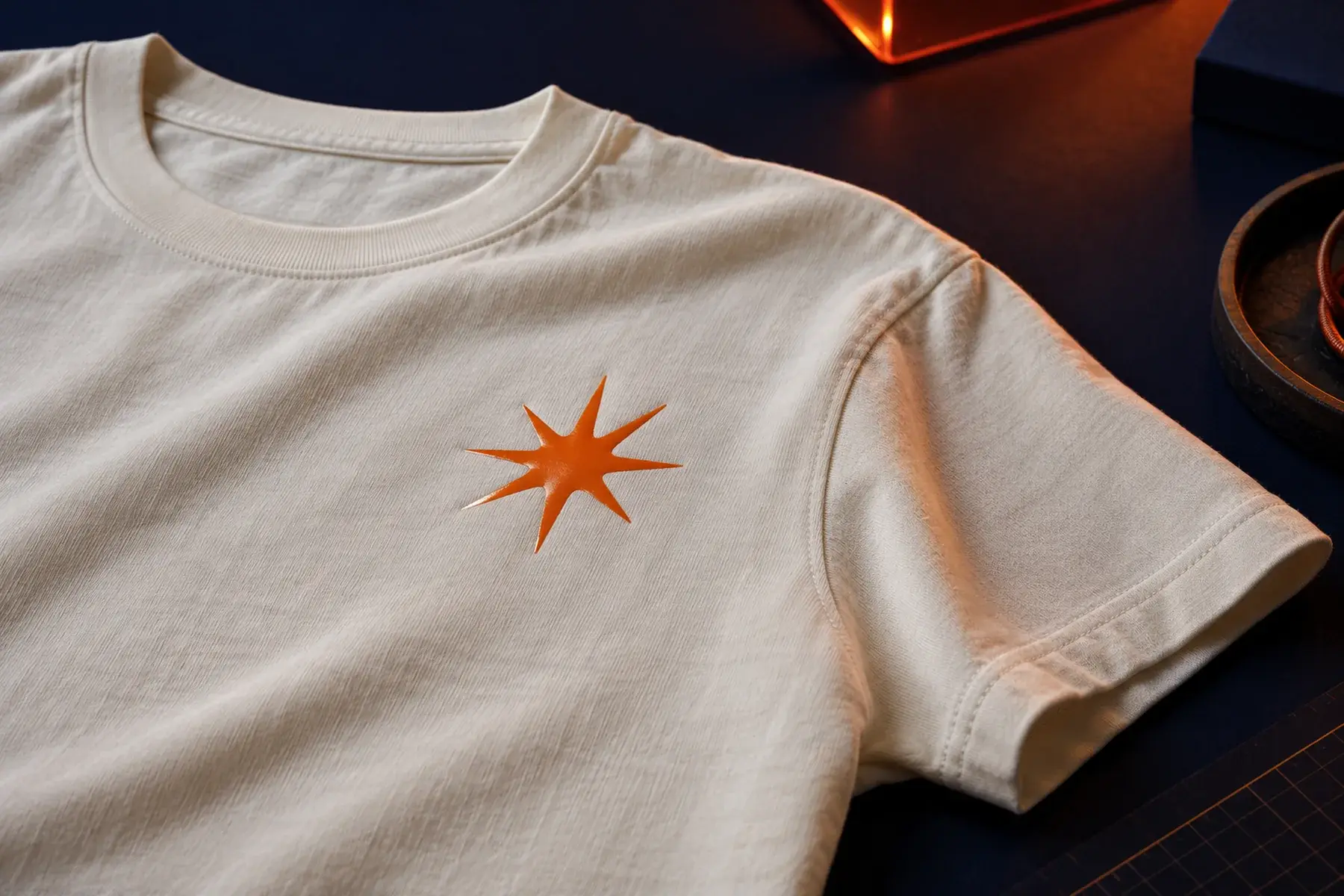 Close de camiseta clara com pequeno desenho laranja em forma de estrela aplicado no peito