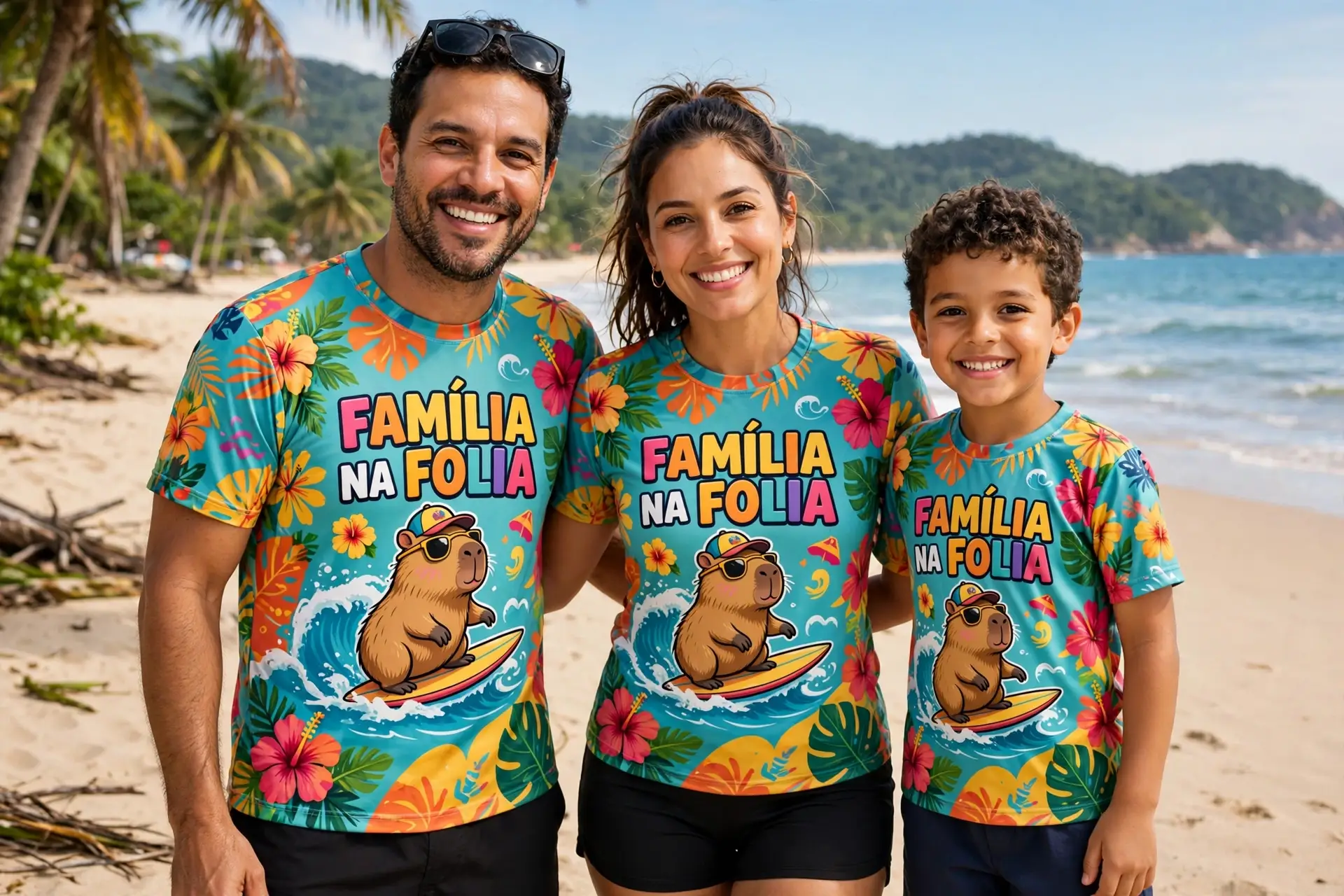 Família na praia vestindo camisetas coloridas iguais com estampa de capivara surfista