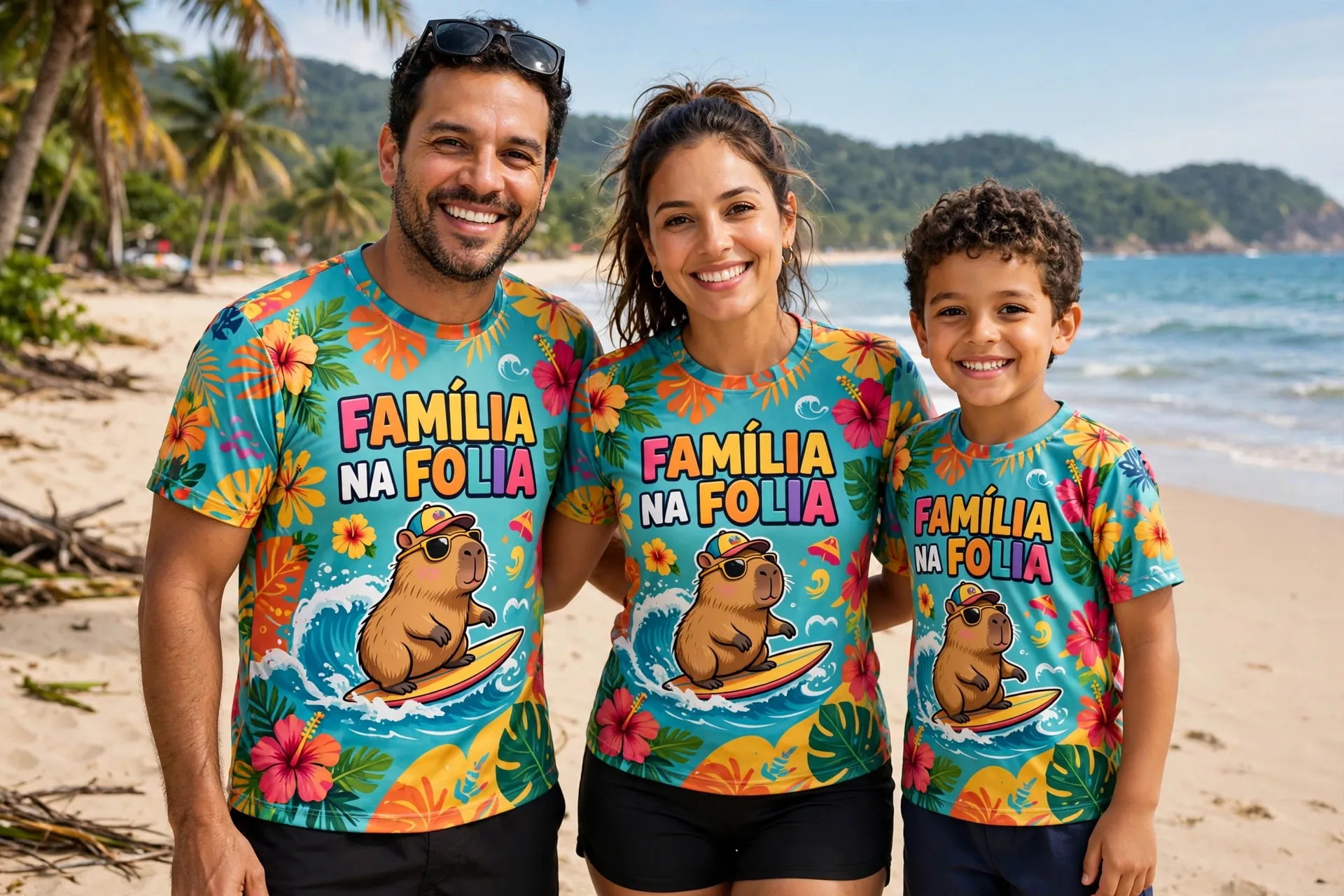 Família na praia vestindo camisetas coloridas iguais com estampa de capivara surfista