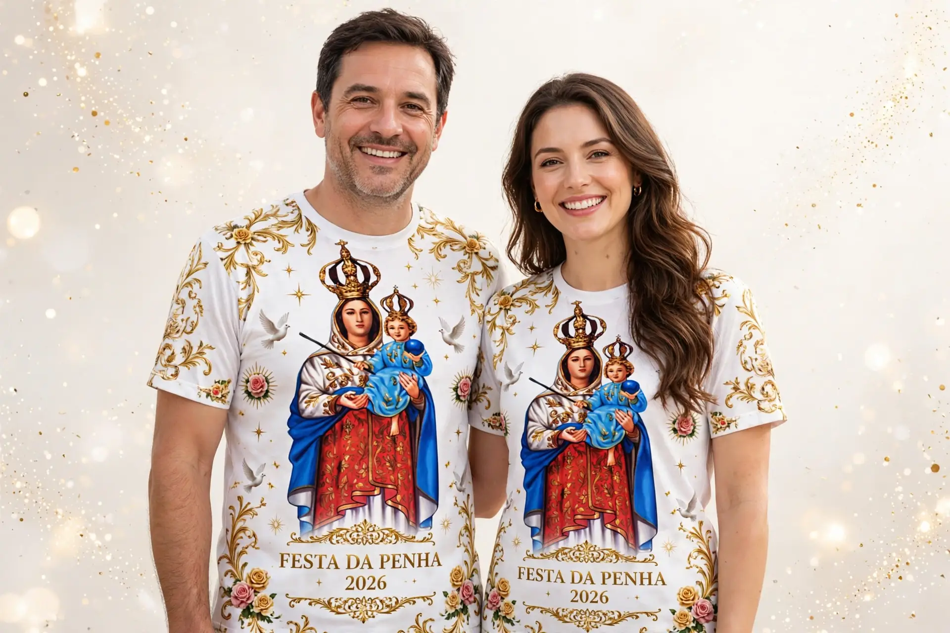 Casal vestindo camisetas brancas com imagem religiosa e ornamentos dourados