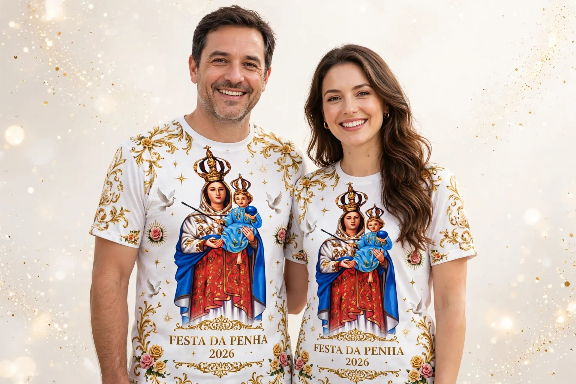 Casal vestindo camisetas brancas com imagem religiosa e ornamentos dourados