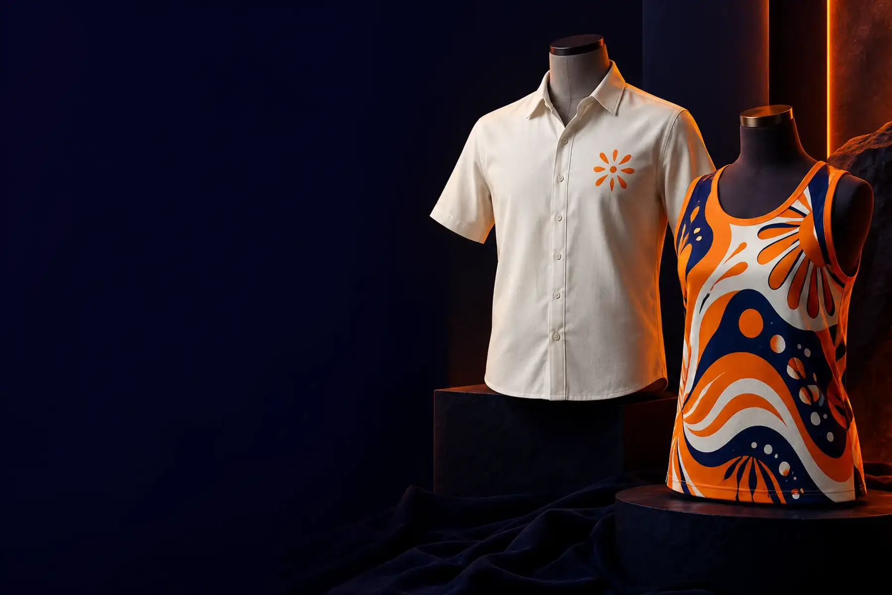 Peças personalizadas em azul-escuro e laranja, incluindo um abadá