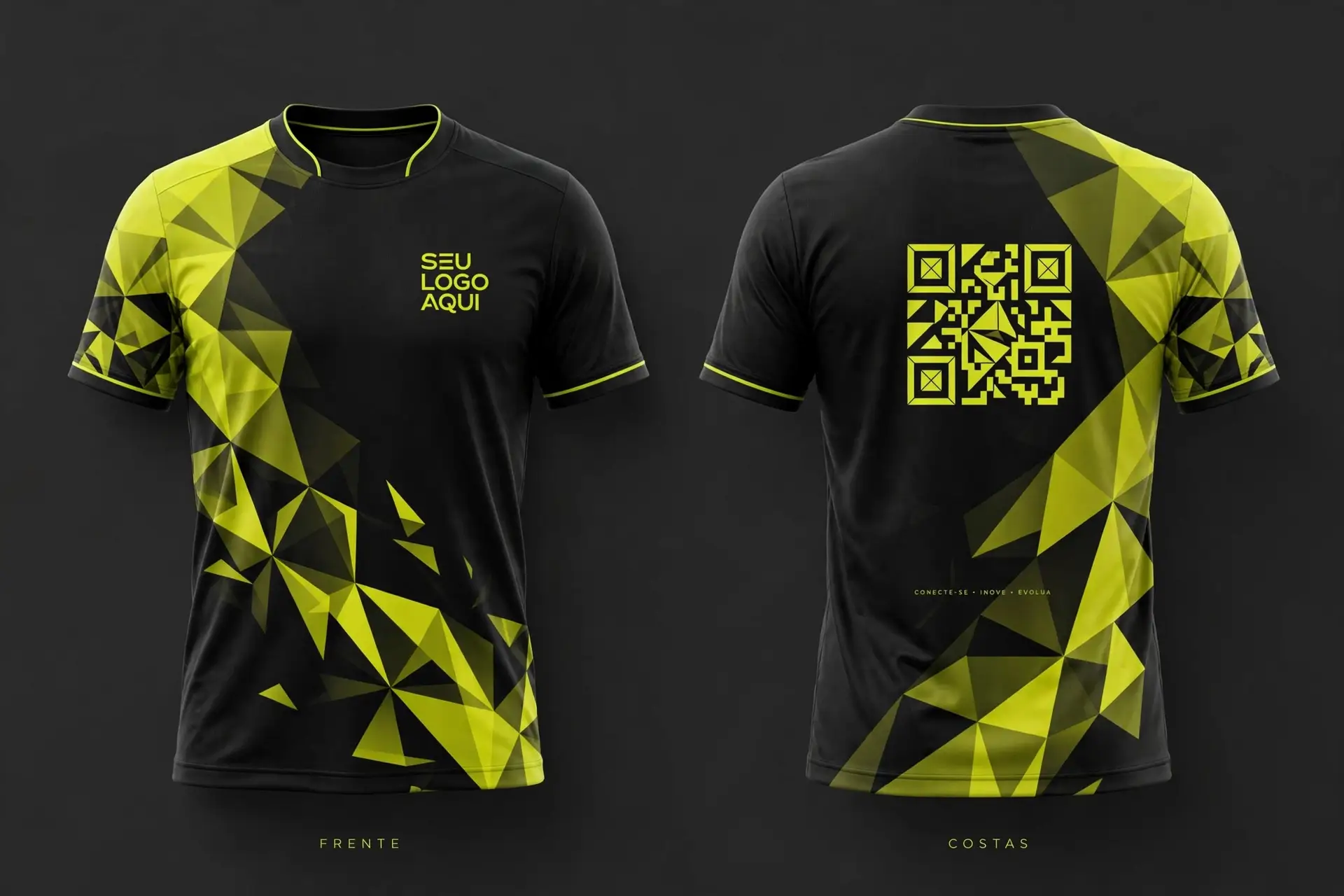 Camisa esportiva preta e amarela em vista frontal e traseira, com espaço para logo e QR code