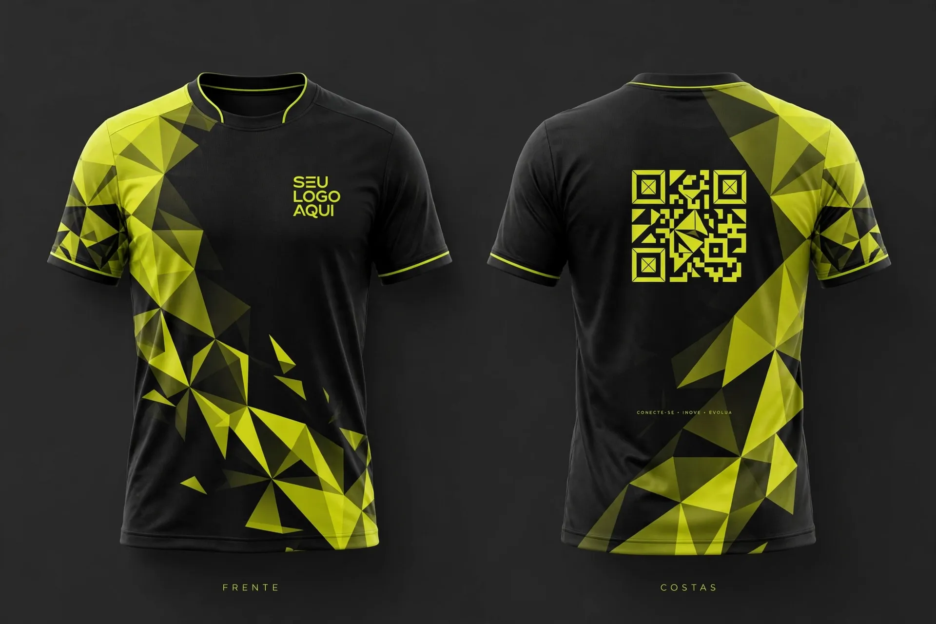 Camisa esportiva preta e amarela em vista frontal e traseira, com espaço para logo e QR code