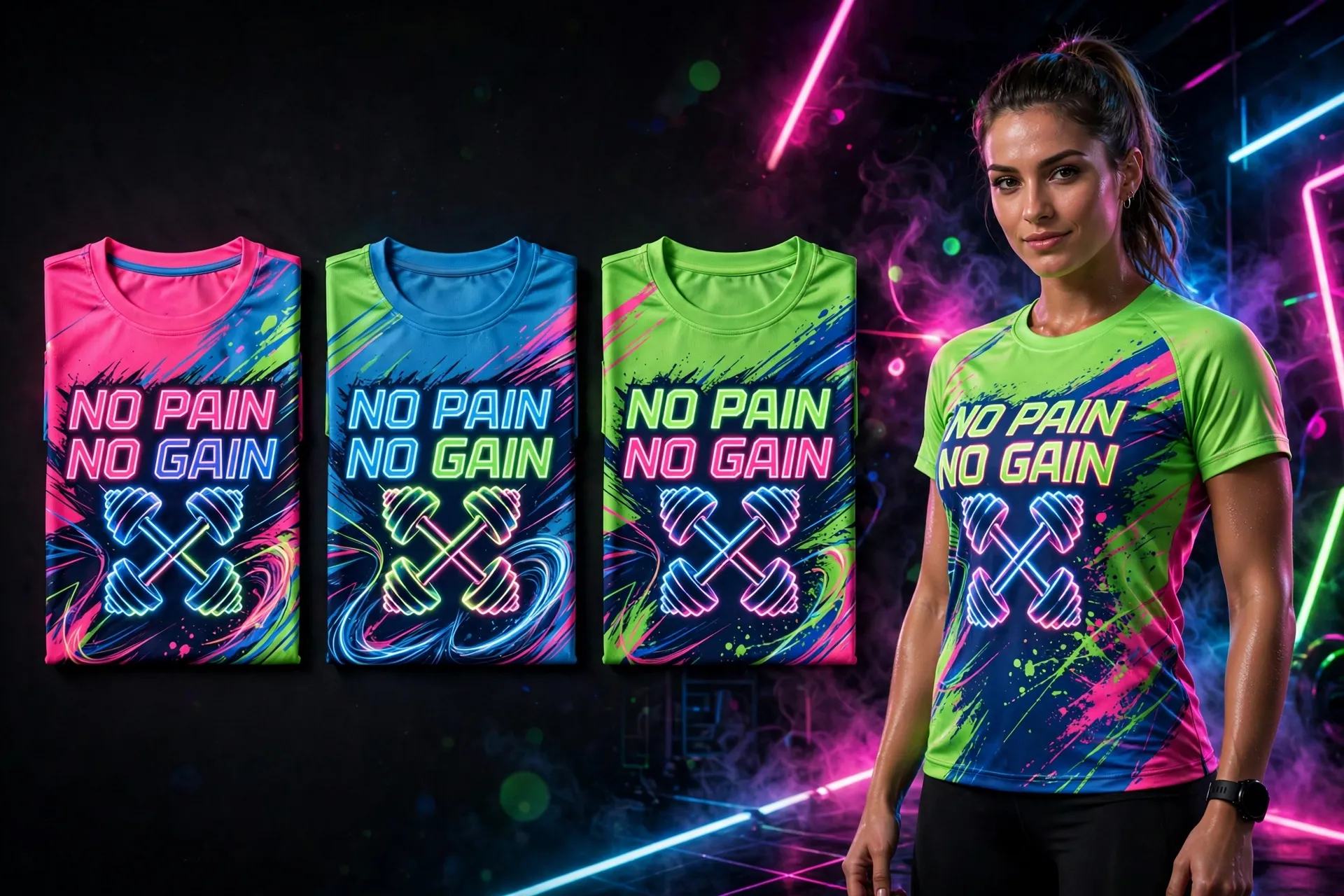 Três camisetas neon dobradas e uma vestida, todas com estampa No Pain No Gain
