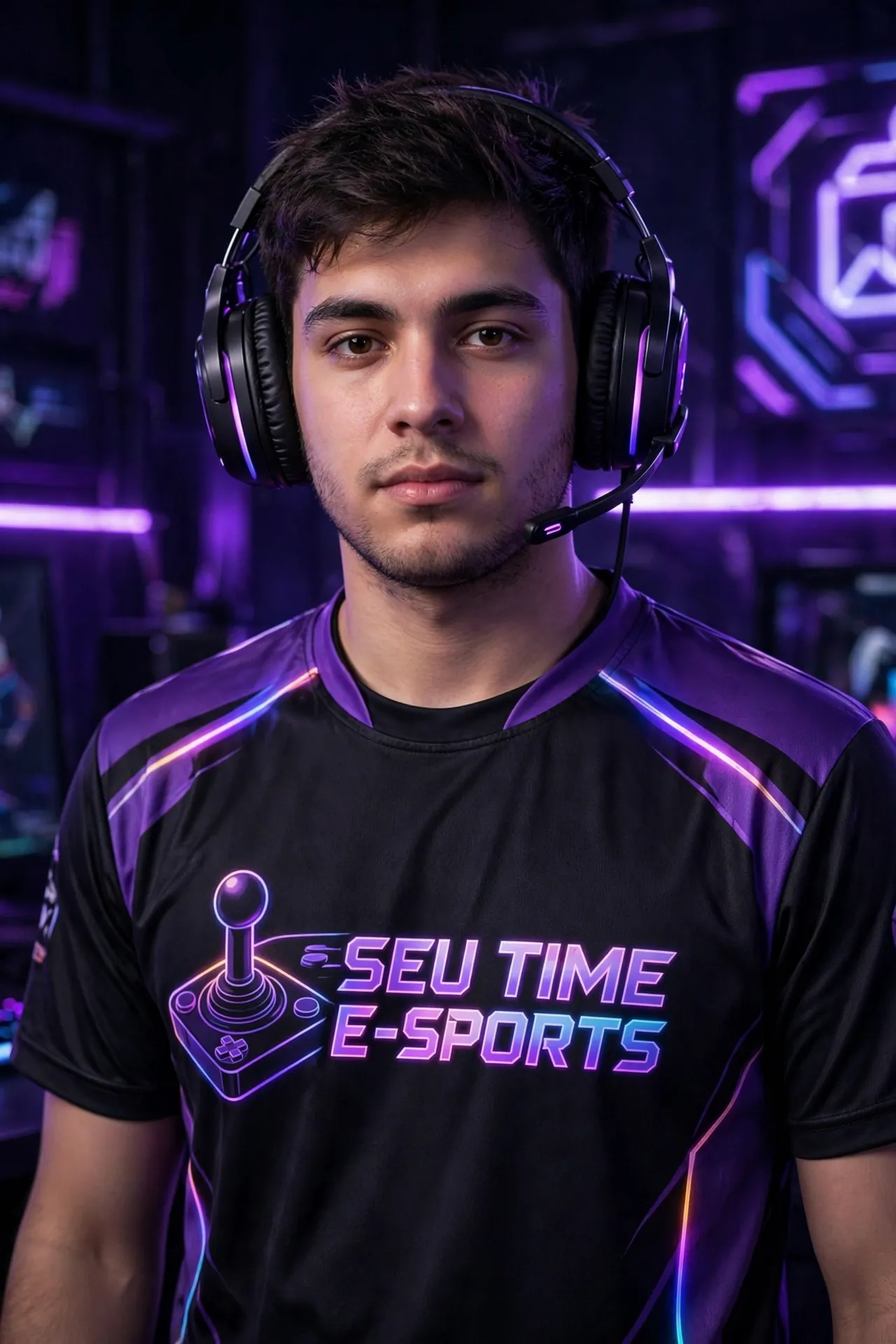 Jogador com headset vestindo camisa preta e roxa de time de e-sports