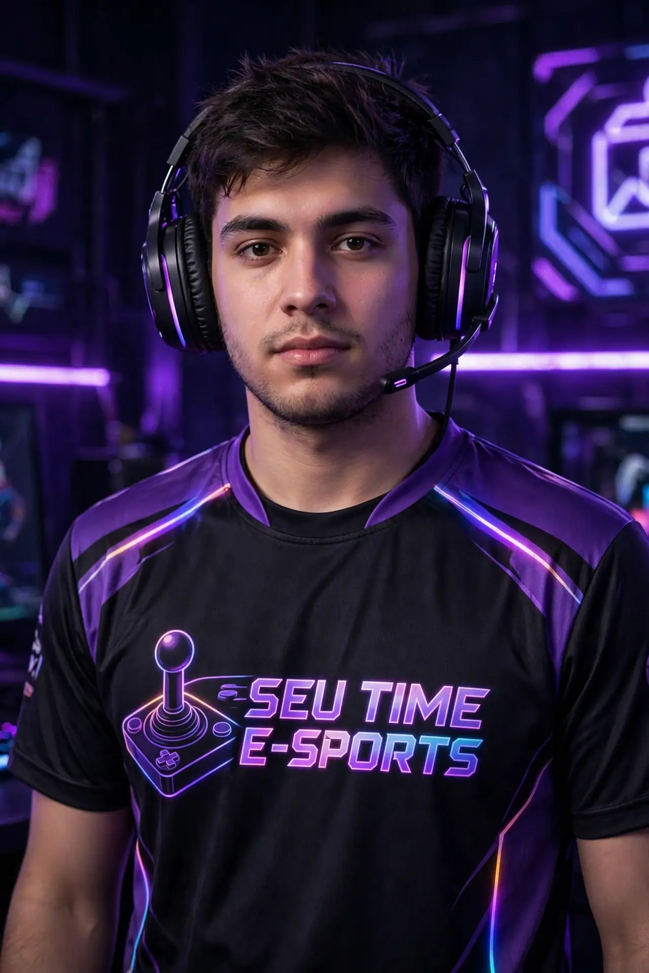 Jogador com headset vestindo camisa preta e roxa de time de e-sports