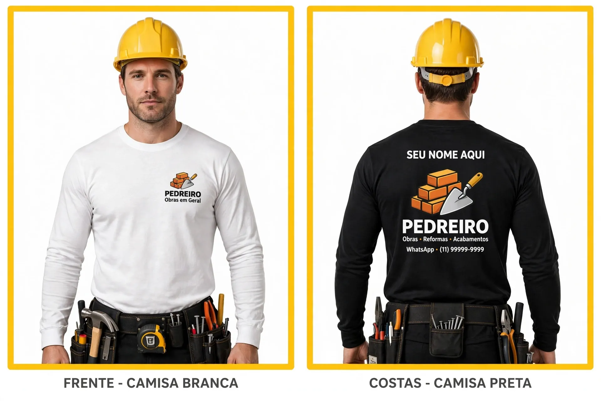 Profissional de construção vestindo camisa branca com logo e camisa preta com estampa nas costas