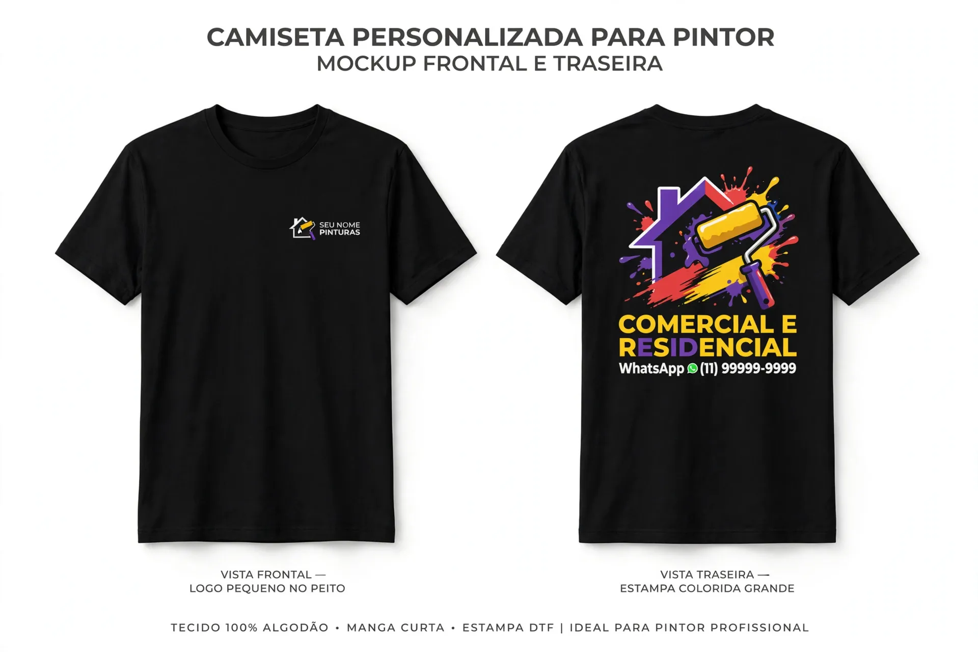Camiseta preta de pintor em vista frontal e traseira, com logo pequeno na frente e arte colorida atrás